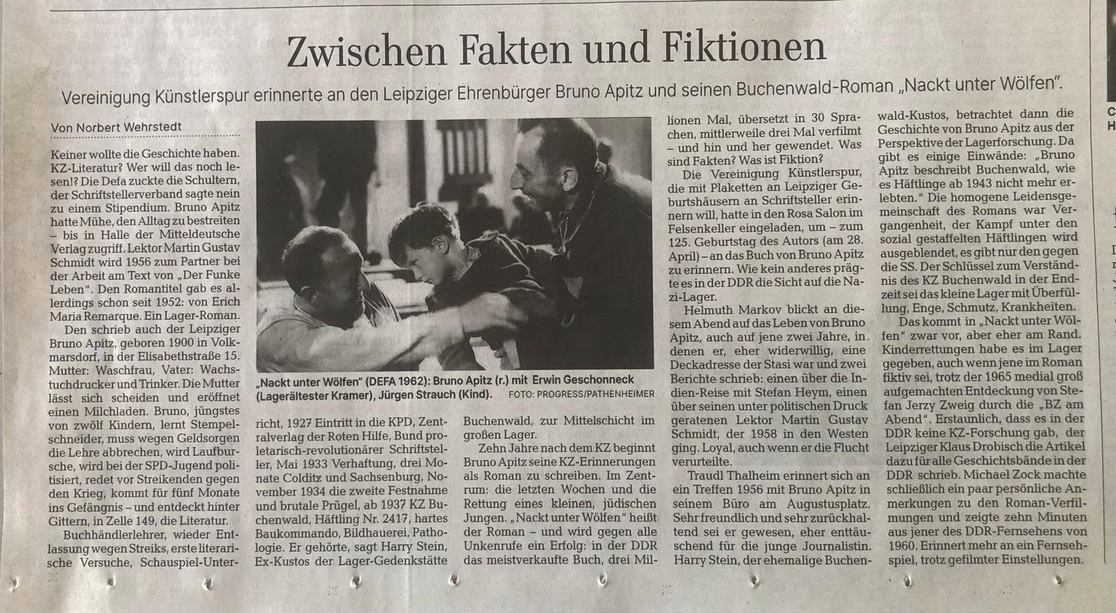 Berichterstattung in der LVZ Leipziger Volkszeitung Norbert Wehrstedt über Schriftsteller Bruno Aptz, Leipzig 2025