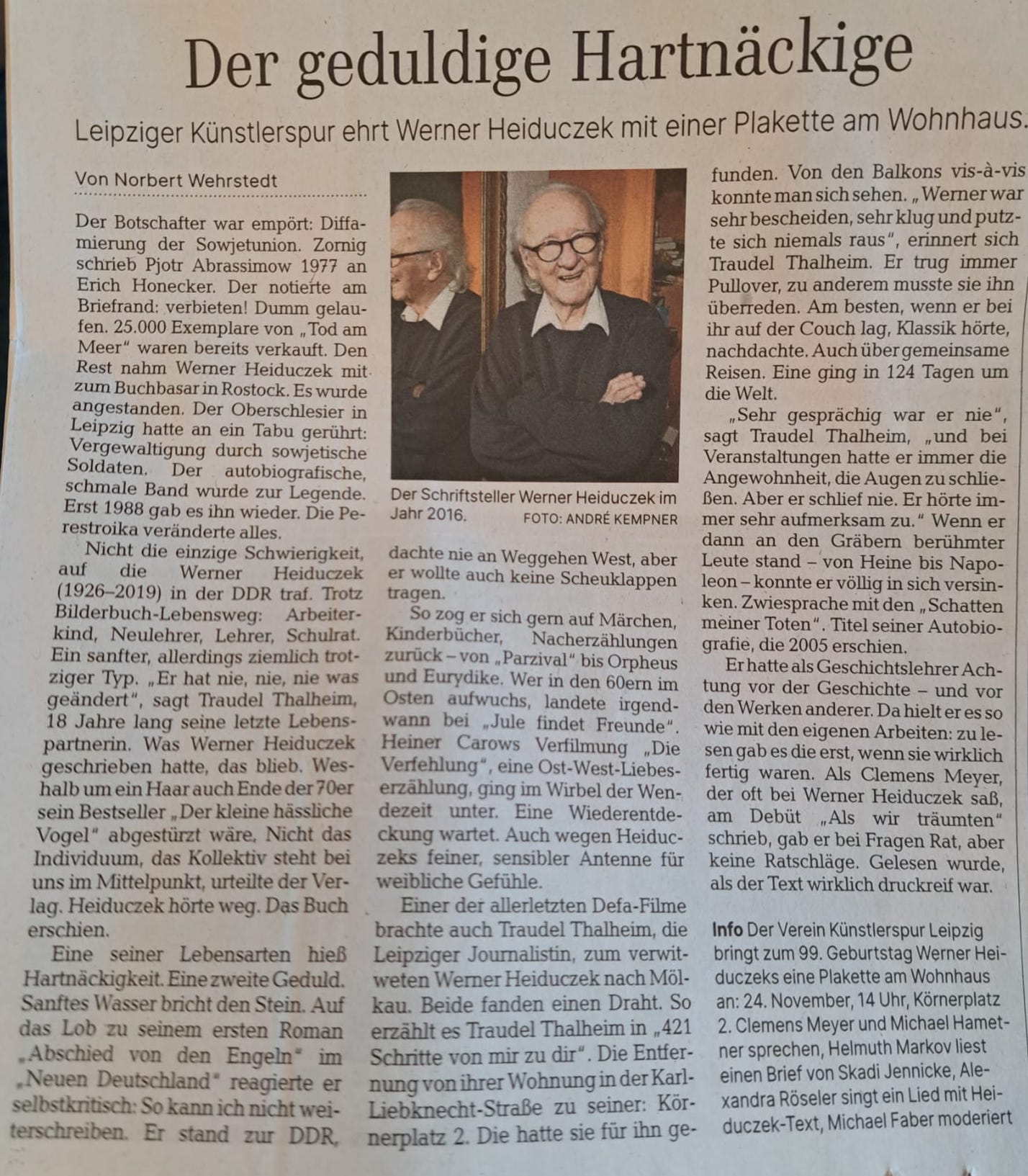 Leipziger Volkszeitung LVZ zu Gedenken an Schrifsteller (DDR) Werner Heiduczek vom 21.11.2025, Leipzig