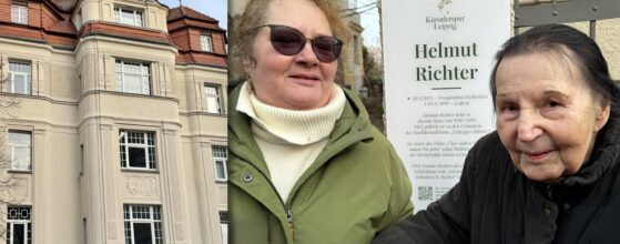 Fotokollage von Ehrung Helmut Richter Leipzig Januar 2026 durch die Künstlerspur Leipzig. Im Bild (v.r.n.l.) Tochter Tina Richter und Ehefrau von Helmut Richter