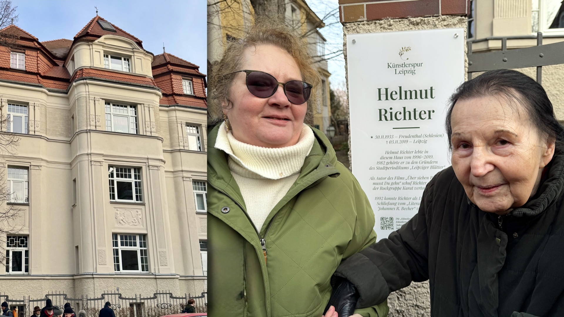 Fotokollage von Ehrung Helmut Richter Leipzig Januar 2026 durch die Künstlerspur Leipzig. Im Bild (v.r.n.l.) Tochter Tina Richter und Ehefrau von Helmut Richter
