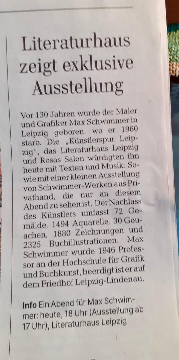 Presseclipping der Leipziger Volkszeitung über Würdigung der Künstlerspur Leipzig zu Maler Max Schwimmer