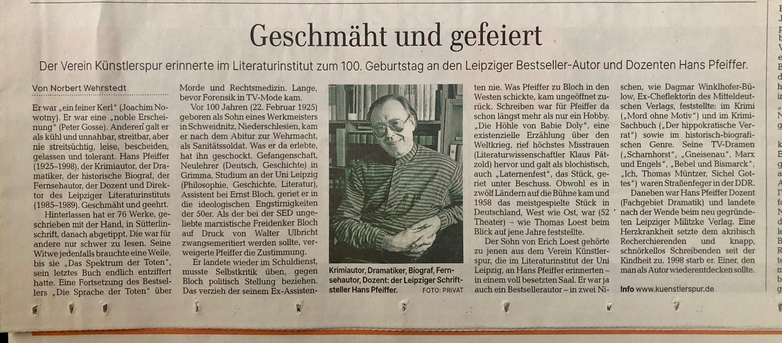 Berichterstattung der Leipziger Volkszeitung über die Würdigung der Künstlerspur Leipzig zu Hans Pfeiffer